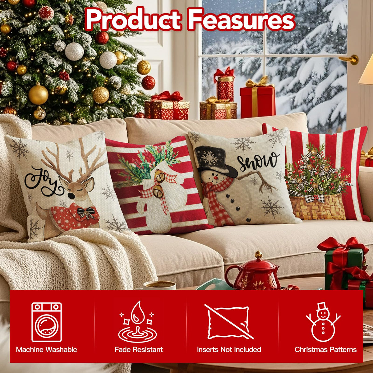 Christmas Pillow Covers 18x18 inch Set of 4, Christmas Decorations Cushion Covers