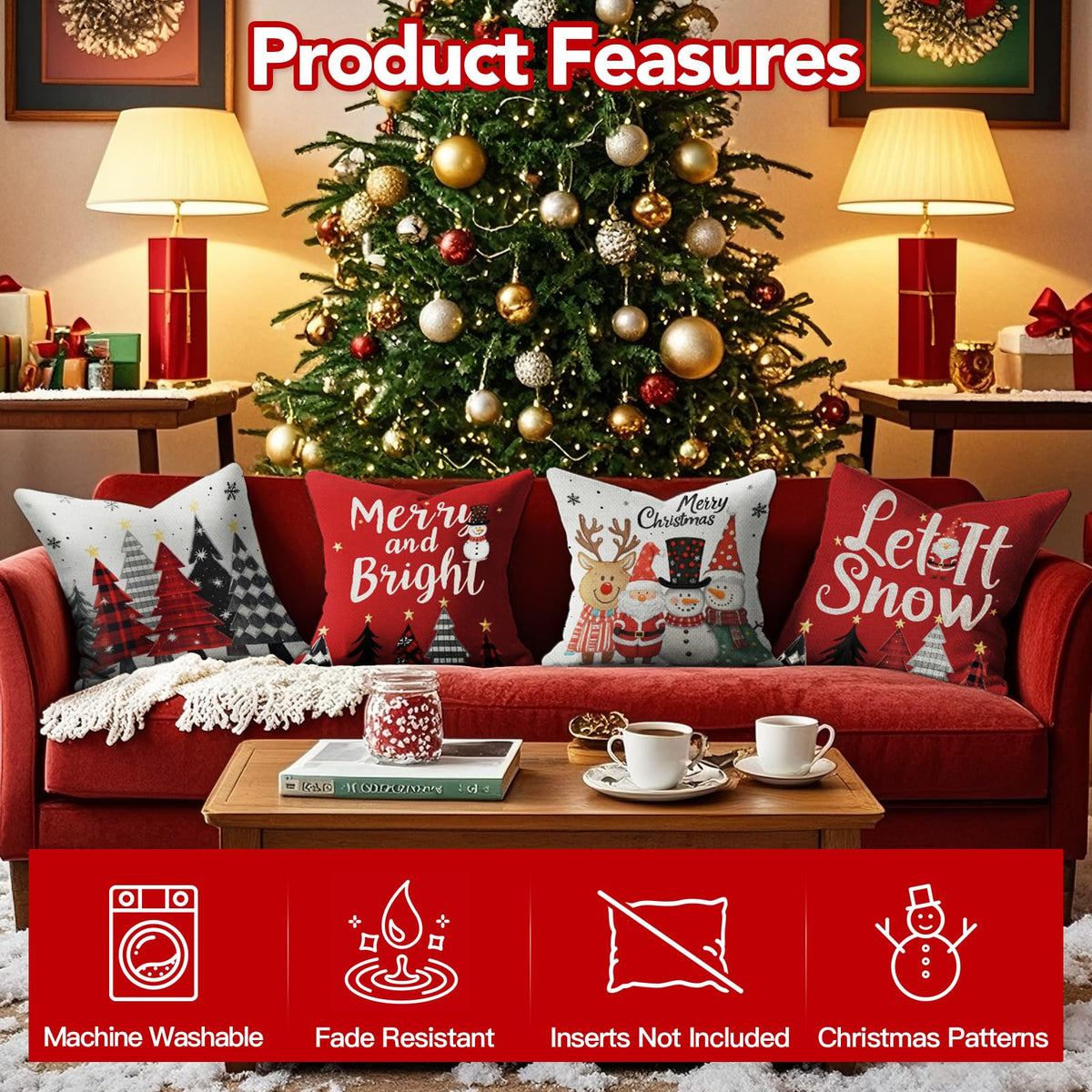 Christmas Pillow Covers 18x18 inch Set of 4, Christmas Decorations Cushion Covers