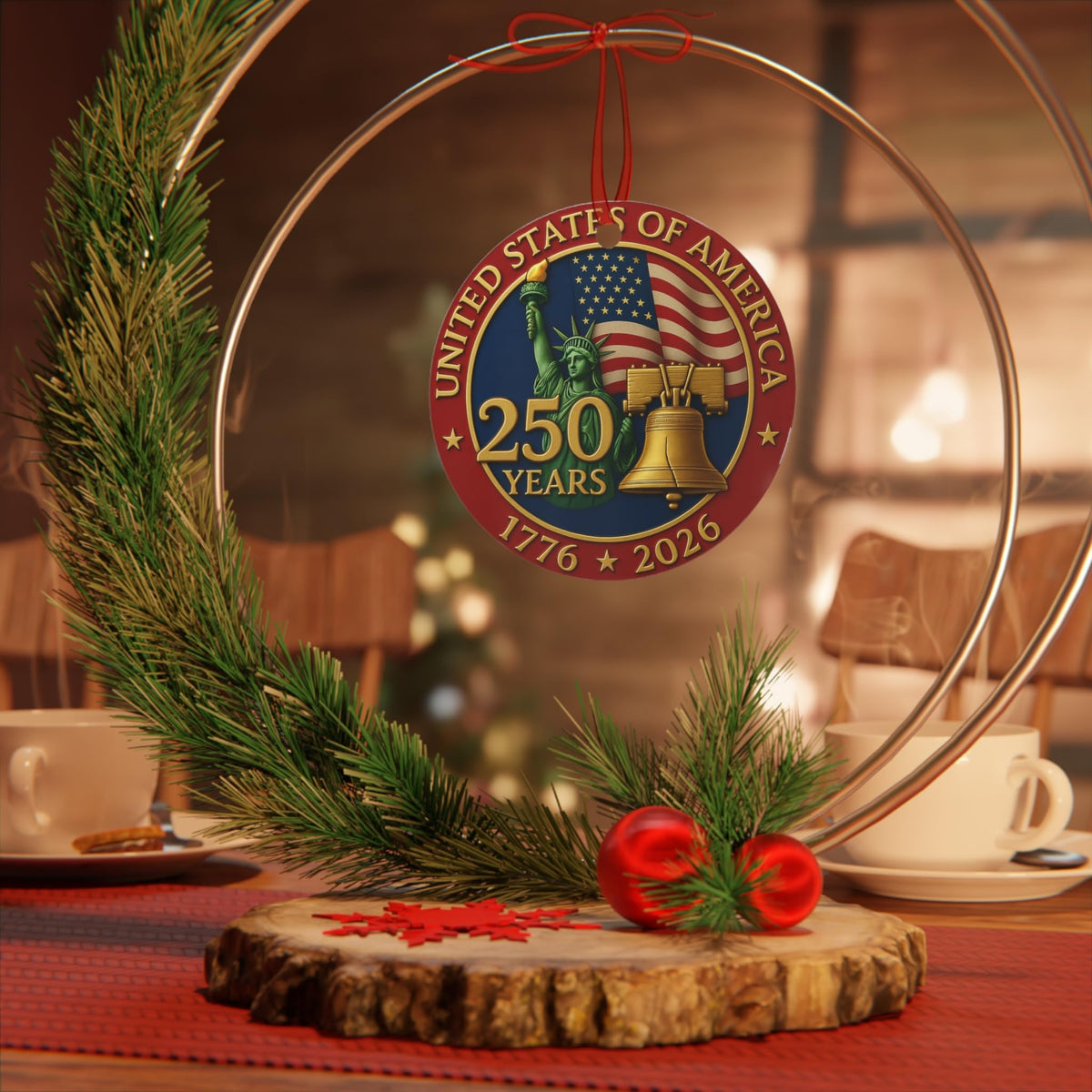 United States 250th Anniversary Metal 2 Sided Ornament 1776-2026 – American Flag
