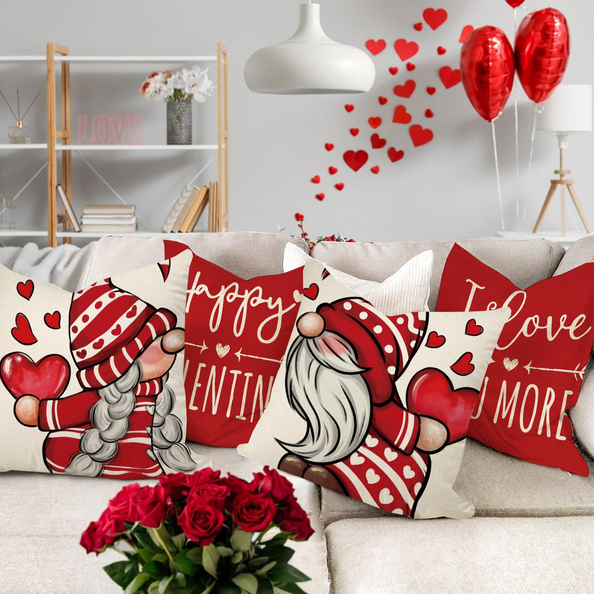 Happy Valentine's Day Gnome Red Decorative Throw Pillow Covers 18 x 18 Set of 4, I Love You More Heart Arrow