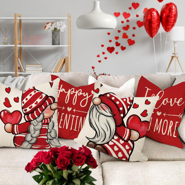Happy Valentine's Day Gnome Red Decorative Throw Pillow Covers 18 x 18 Set of 4, I Love You More Heart Arrow