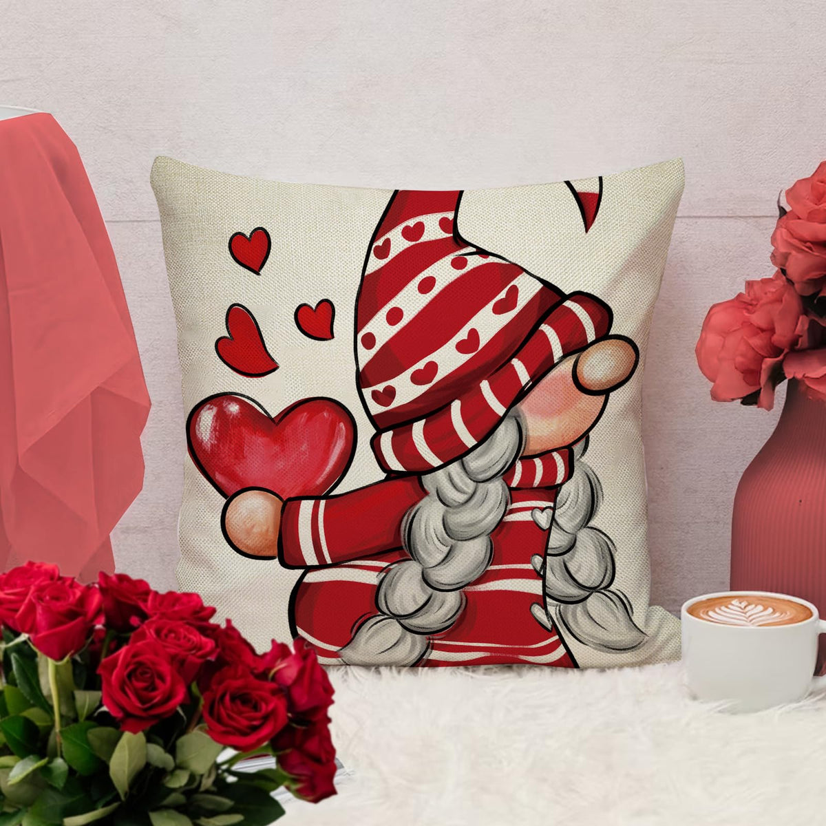 Happy Valentine's Day Gnome Red Decorative Throw Pillow Covers 18 x 18 Set of 4, I Love You More Heart Arrow