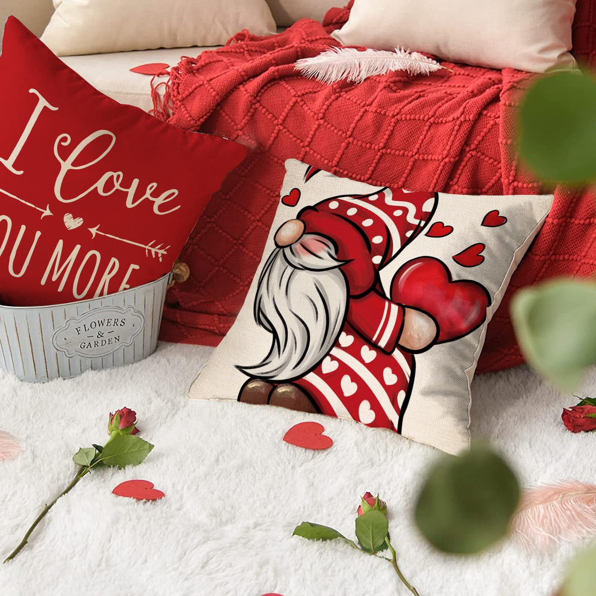 Happy Valentine's Day Gnome Red Decorative Throw Pillow Covers 18 x 18 Set of 4, I Love You More Heart Arrow