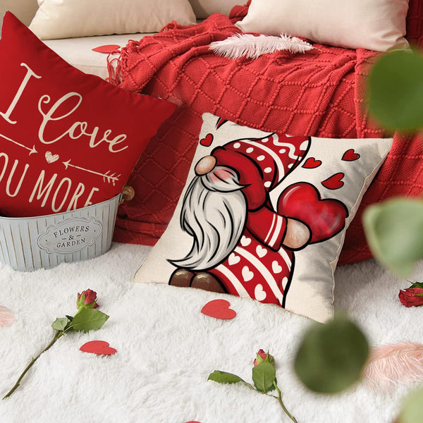 Happy Valentine's Day Gnome Red Decorative Throw Pillow Covers 18 x 18 Set of 4, I Love You More Heart Arrow