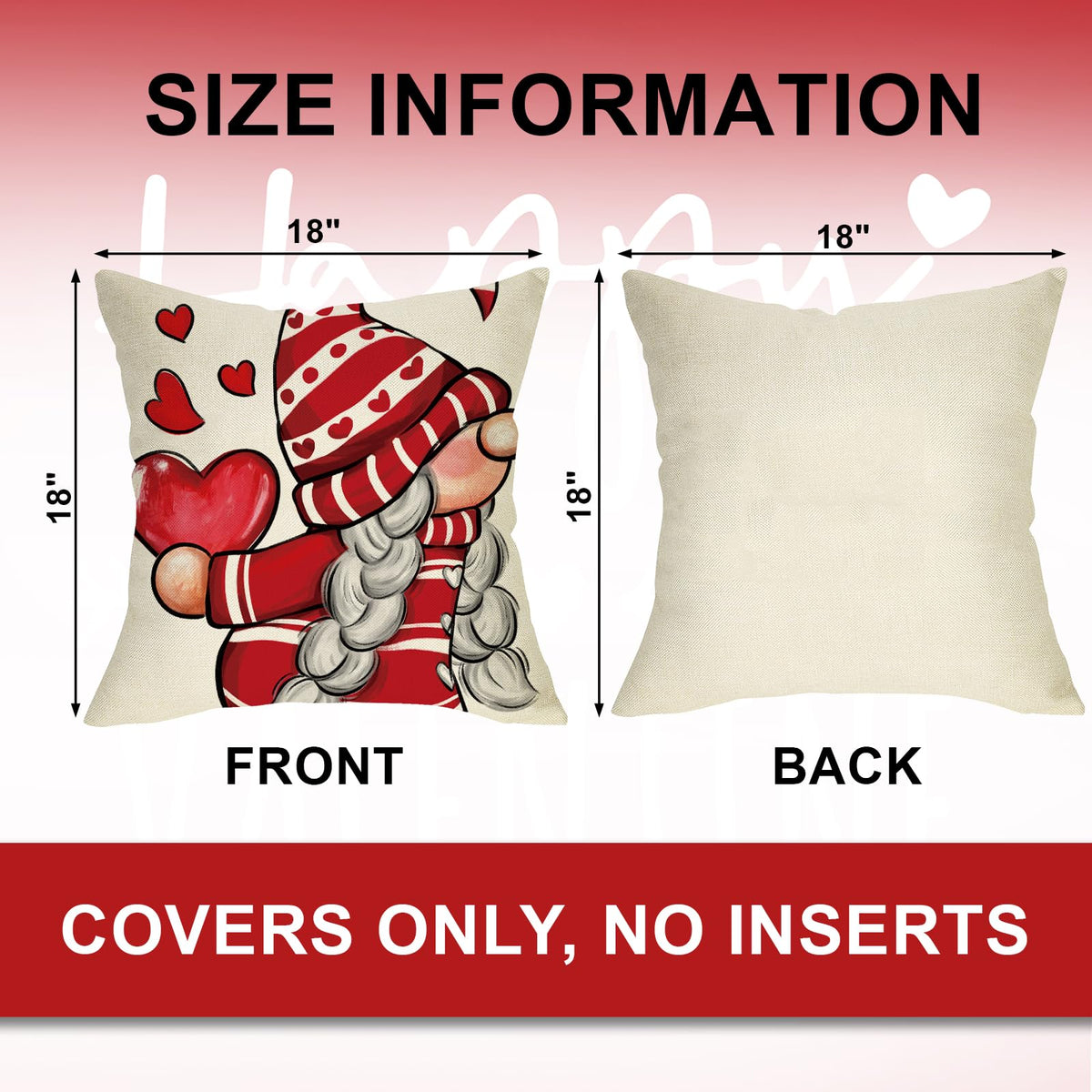 Happy Valentine's Day Gnome Red Decorative Throw Pillow Covers 18 x 18 Set of 4, I Love You More Heart Arrow