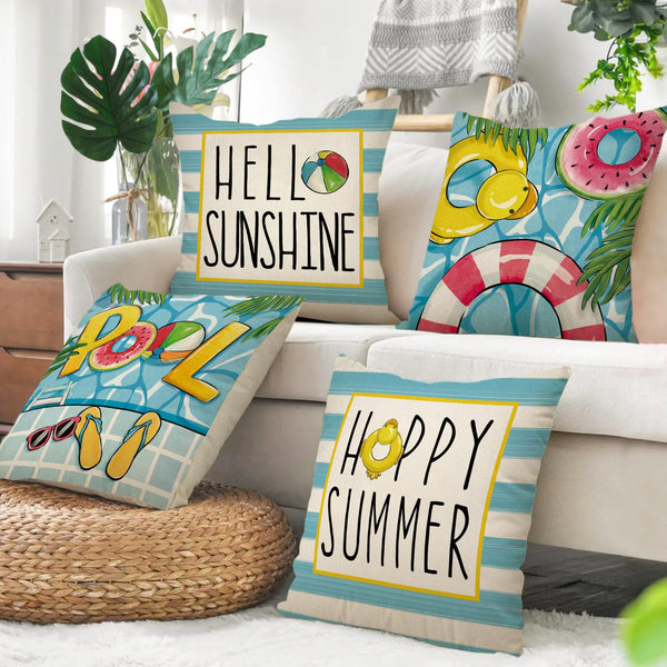 Hello Sunshine Pool Decorative Throw Pillow Covers 18x18 Set of 4, Happy Summer Duck Watermelon Swimming Ring