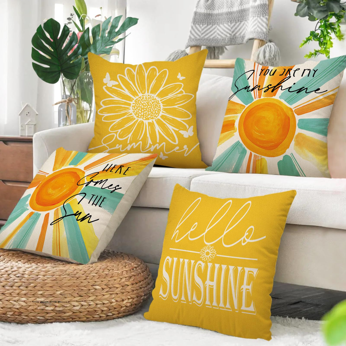 Hello Summer Sun Decorative Throw Pillow Covers 18 x 18 Set of 4, You are My Sunshine Daisy Flower Yellow