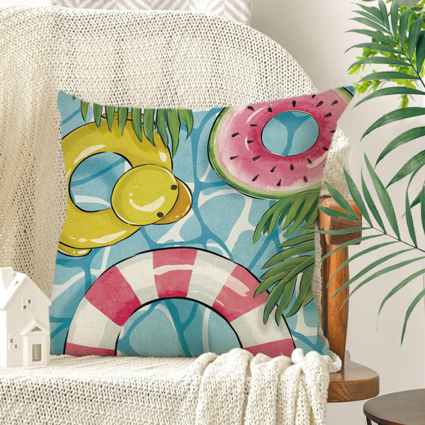 Hello Sunshine Pool Decorative Throw Pillow Covers 18x18 Set of 4, Happy Summer Duck Watermelon Swimming Ring