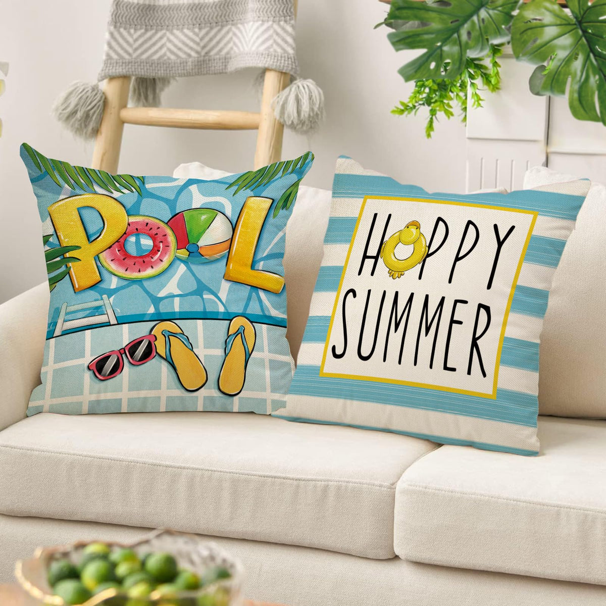 Hello Sunshine Pool Decorative Throw Pillow Covers 18x18 Set of 4, Happy Summer Duck Watermelon Swimming Ring