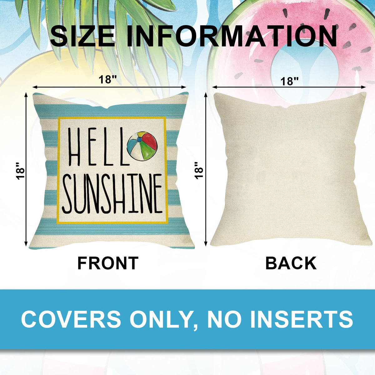 Hello Sunshine Pool Decorative Throw Pillow Covers 18x18 Set of 4, Happy Summer Duck Watermelon Swimming Ring
