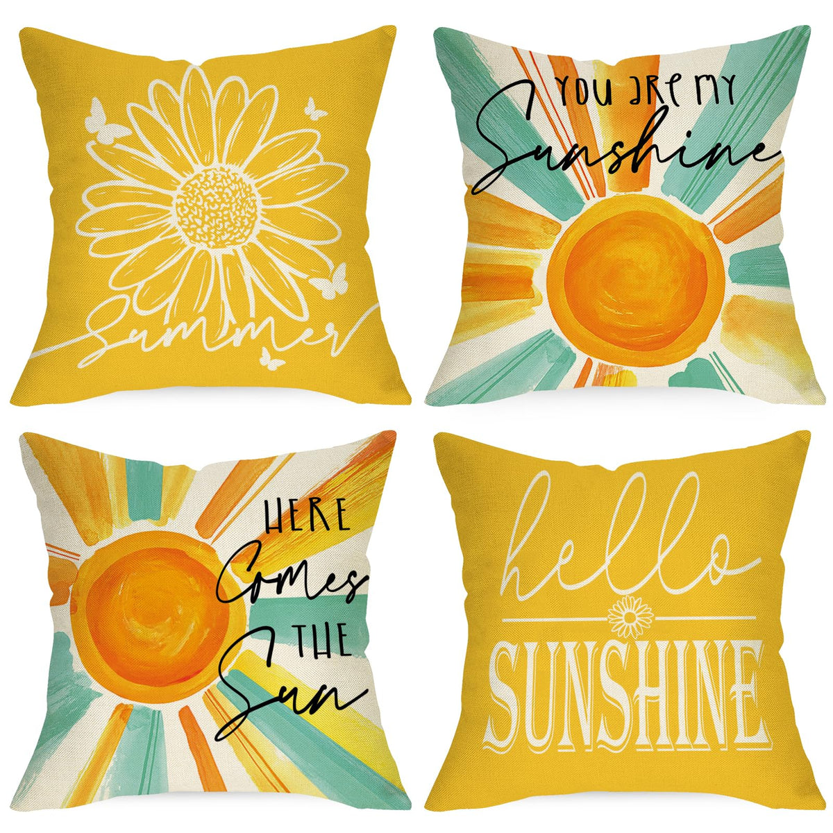 Hello Summer Sun Decorative Throw Pillow Covers 18 x 18 Set of 4, You are My Sunshine Daisy Flower Yellow