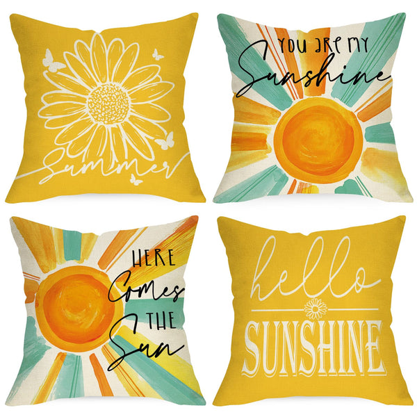 Hello Summer Sun Decorative Throw Pillow Covers 18 x 18 Set of 4, You are My Sunshine Daisy Flower Yellow