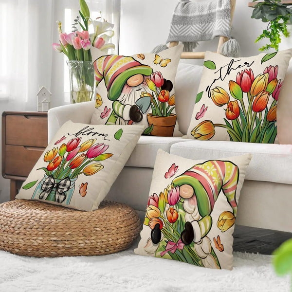 Spring Summer Gnome Decorative Throw Pillow Covers 18 x 18 Set of 4, Tulip Flower Mason Jar Gather Bloom