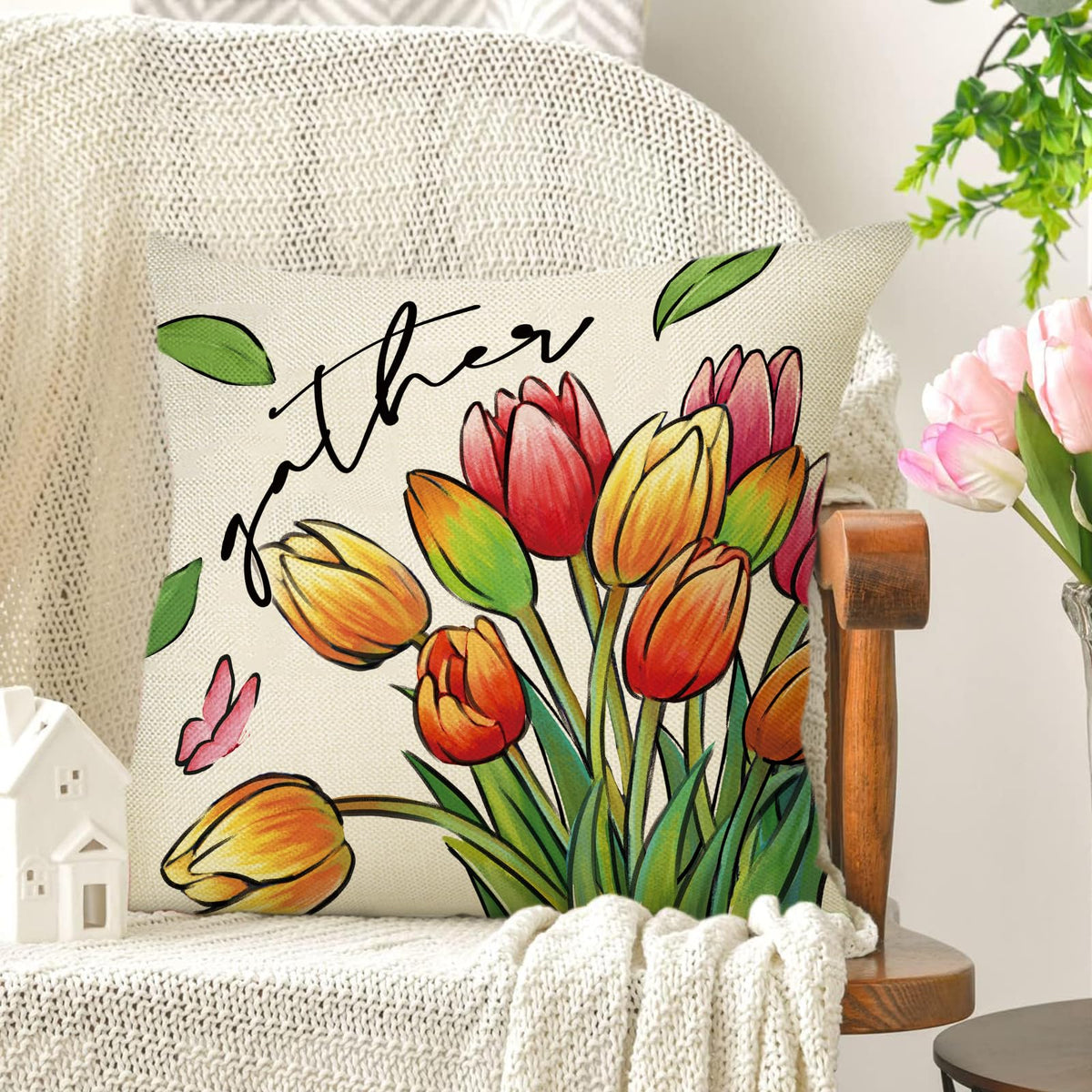 Spring Summer Gnome Decorative Throw Pillow Covers 18 x 18 Set of 4, Tulip Flower Mason Jar Gather Bloom