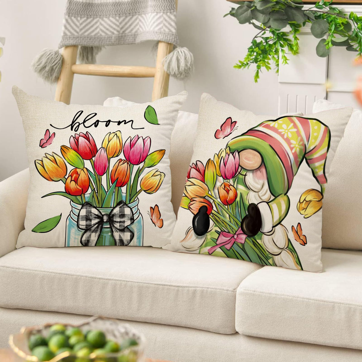 Spring Summer Gnome Decorative Throw Pillow Covers 18 x 18 Set of 4, Tulip Flower Mason Jar Gather Bloom