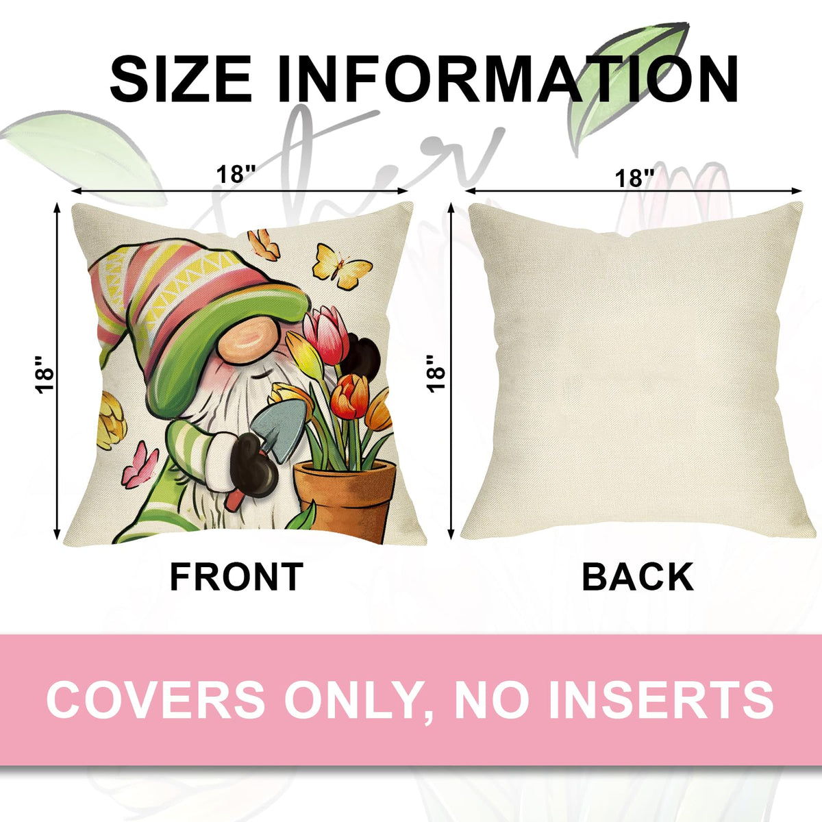 Spring Summer Gnome Decorative Throw Pillow Covers 18 x 18 Set of 4, Tulip Flower Mason Jar Gather Bloom