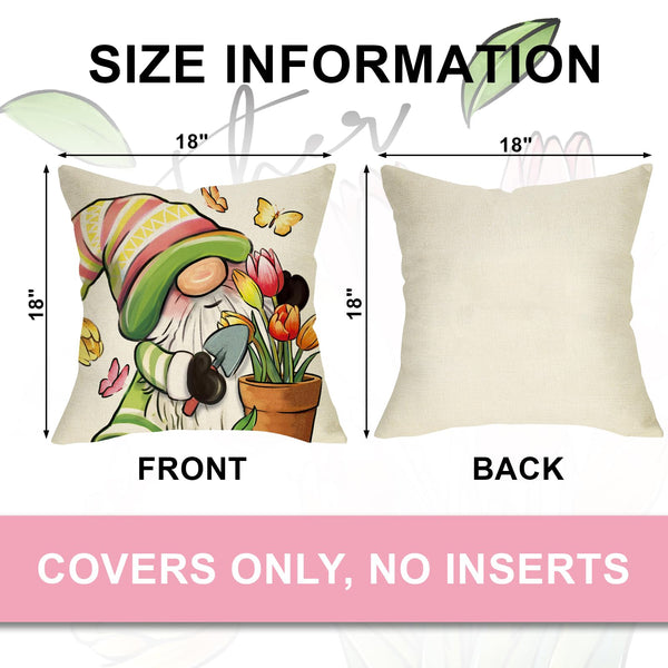 Spring Summer Gnome Decorative Throw Pillow Covers 18 x 18 Set of 4, Tulip Flower Mason Jar Gather Bloom