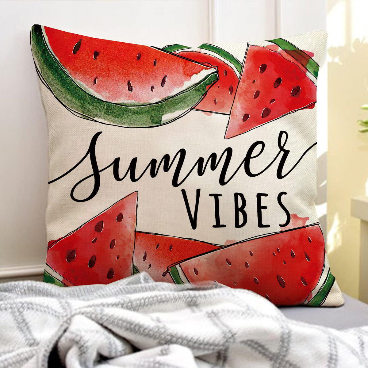 Hello Summer Watercolor Watermelon Decorative Throw Pillow Covers 18 x 18 Set of 4, Life is Sweet