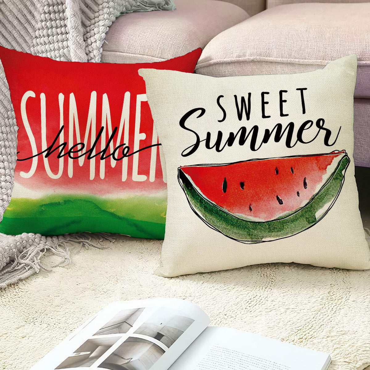 Hello Summer Watercolor Watermelon Decorative Throw Pillow Covers 18 x 18 Set of 4, Life is Sweet