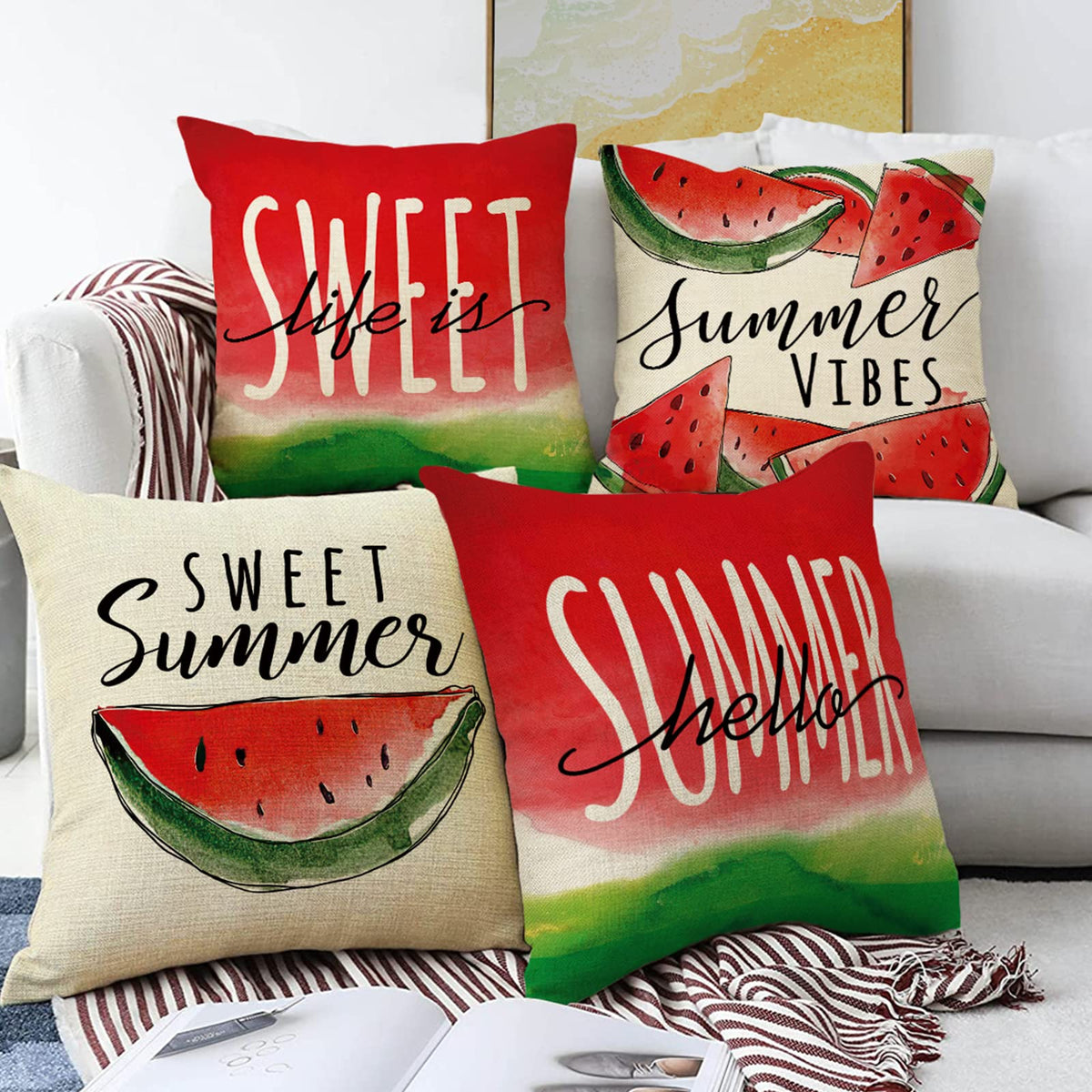 Hello Summer Watercolor Watermelon Decorative Throw Pillow Covers 18 x 18 Set of 4, Life is Sweet