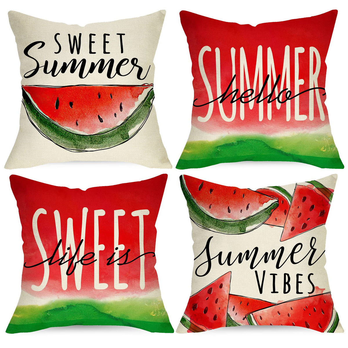 Hello Summer Watercolor Watermelon Decorative Throw Pillow Covers 18 x 18 Set of 4, Life is Sweet