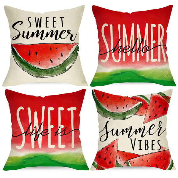 Hello Summer Watercolor Watermelon Decorative Throw Pillow Covers 18 x 18 Set of 4, Life is Sweet