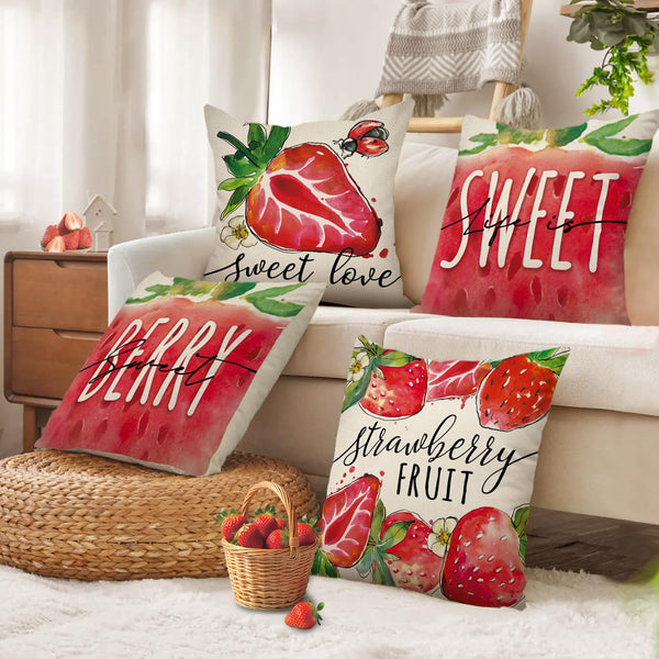 Spring Summer Strawberry Decorative Throw Pillow Covers 18 x 18 Set of 4, Life is Sweet Red Fruit Cushion Case Decor