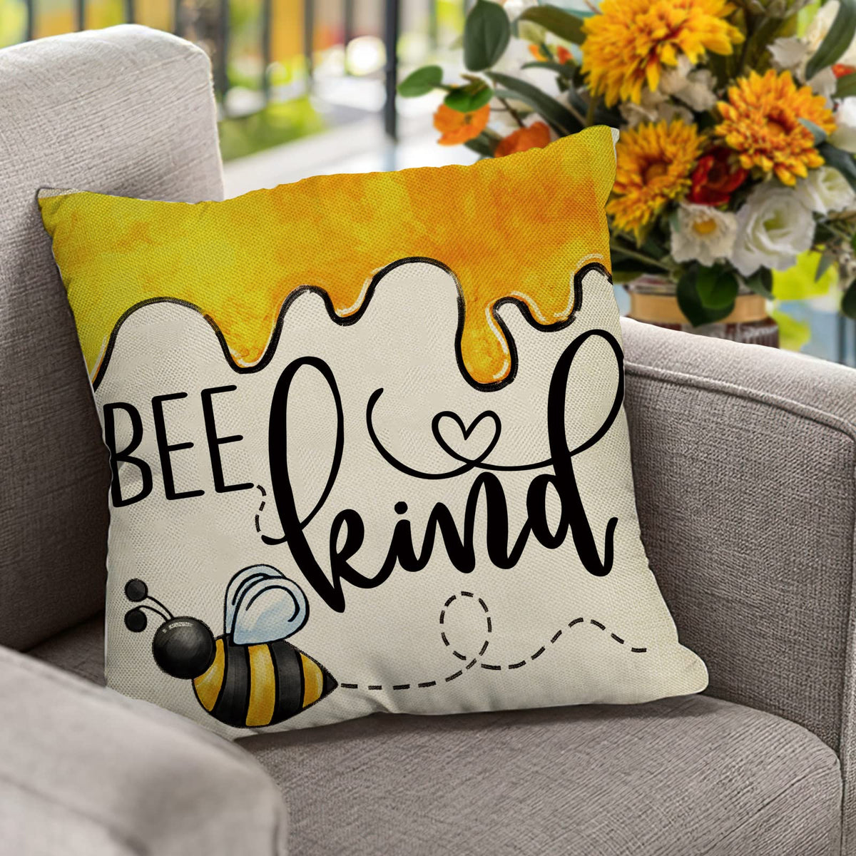 Summer Bumble Bee Happy Bee Kind Decorative Throw Pillow Covers 18 x 18 Set of 4