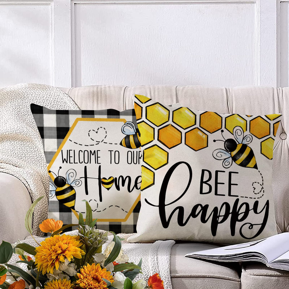 Summer Bumble Bee Happy Bee Kind Decorative Throw Pillow Covers 18 x 18 Set of 4