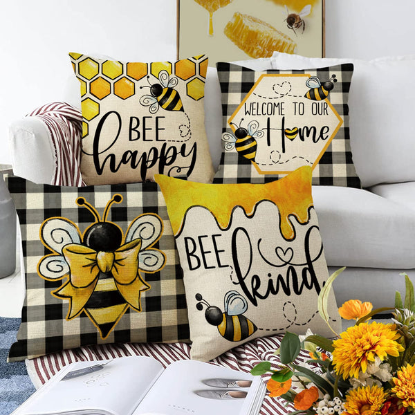 Summer Bumble Bee Happy Bee Kind Decorative Throw Pillow Covers 18 x 18 Set of 4