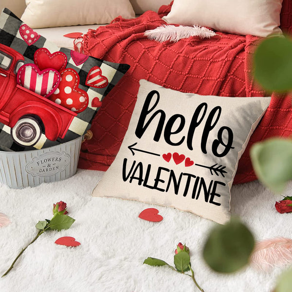 Valentine's Day Hugs Kisses Decorative Throw Pillow Covers 18 x 18 Set of 4, Holiday Red Heart Arrow Buffalo Plaid