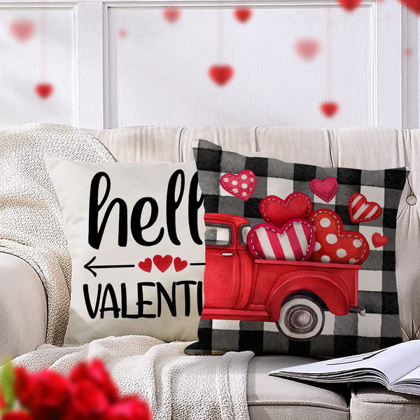 Valentine's Day Hugs Kisses Decorative Throw Pillow Covers 18 x 18 Set of 4, Holiday Red Heart Arrow Buffalo Plaid