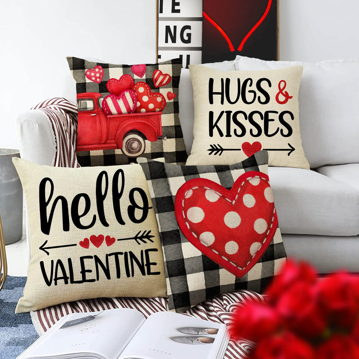 Valentine's Day Hugs Kisses Decorative Throw Pillow Covers 18 x 18 Set of 4, Holiday Red Heart Arrow Buffalo Plaid