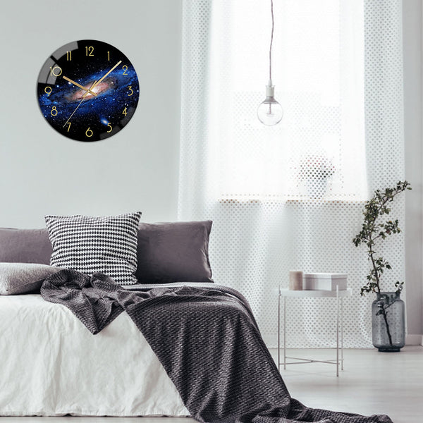 Black Wall Clock 12 Inch Silent Non-Ticking Quartz Battery Operated Glass Night Sky Pattern