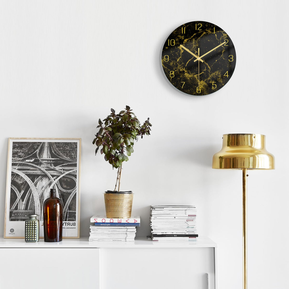 Black Modern Marble Texture Clock Gold Hands Rustic Kitchen Decor 12 Inch Wall Clock