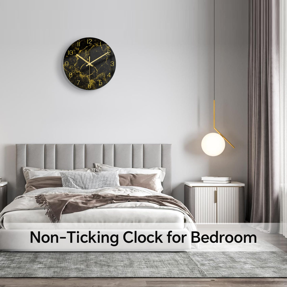 Black Modern Marble Texture Clock Gold Hands Rustic Kitchen Decor 12 Inch Wall Clock
