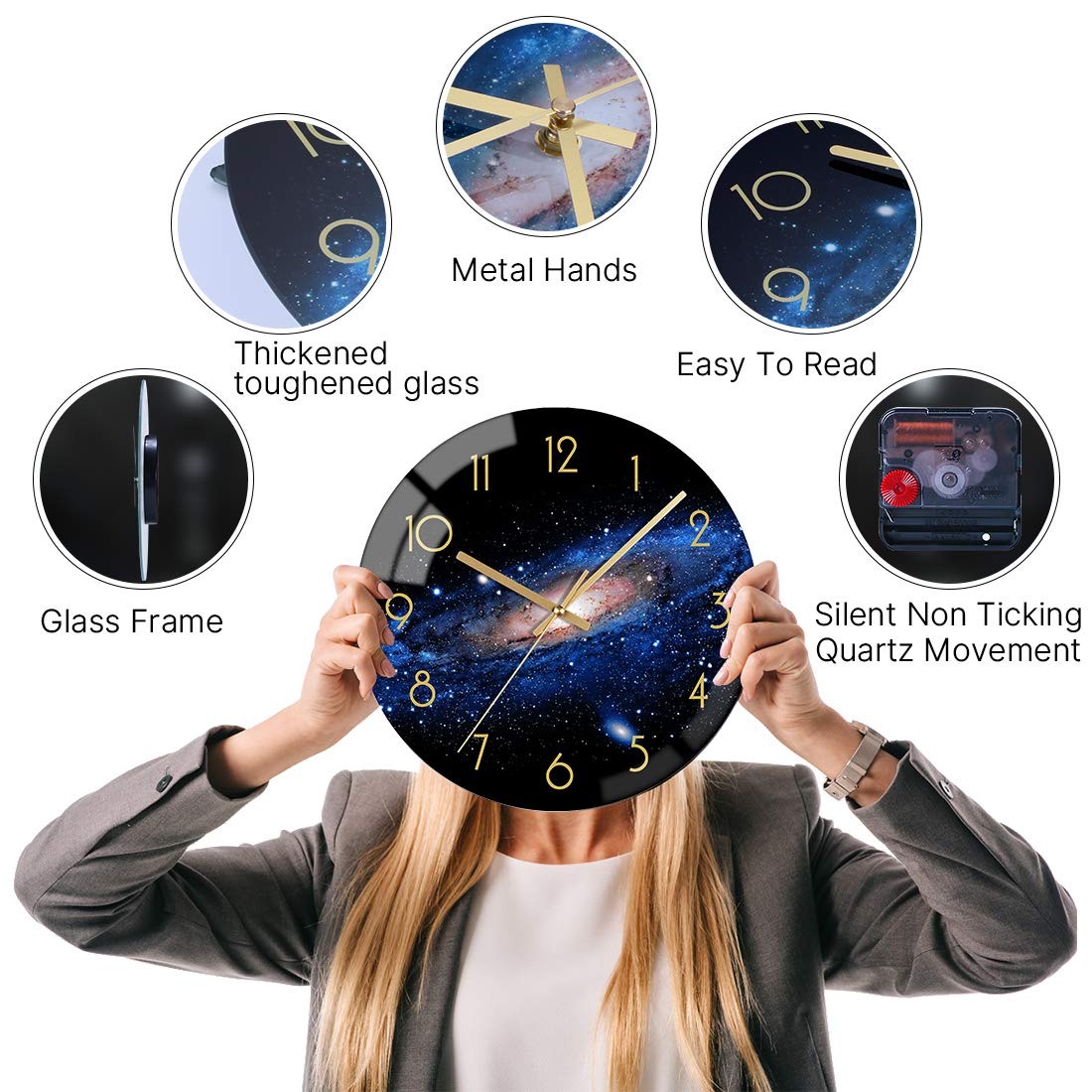 Black Wall Clock 12 Inch Silent Non-Ticking Quartz Battery Operated Glass Night Sky Pattern