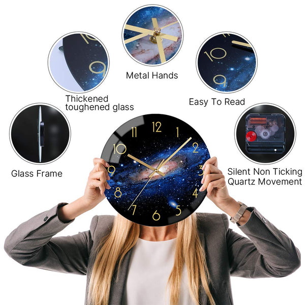 Black Wall Clock 12 Inch Silent Non-Ticking Quartz Battery Operated Glass Night Sky Pattern