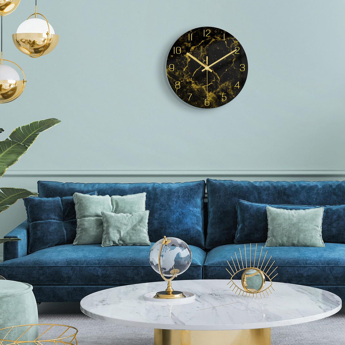 Black Modern Marble Texture Clock Gold Hands Rustic Kitchen Decor 12 Inch Wall Clock
