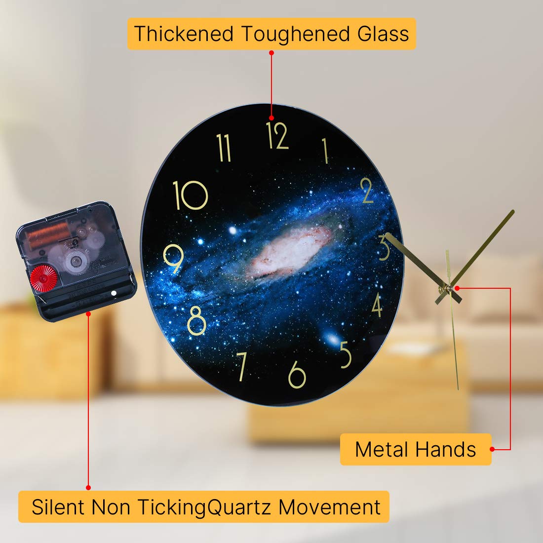 Black Wall Clock 12 Inch Silent Non-Ticking Quartz Battery Operated Glass Night Sky Pattern