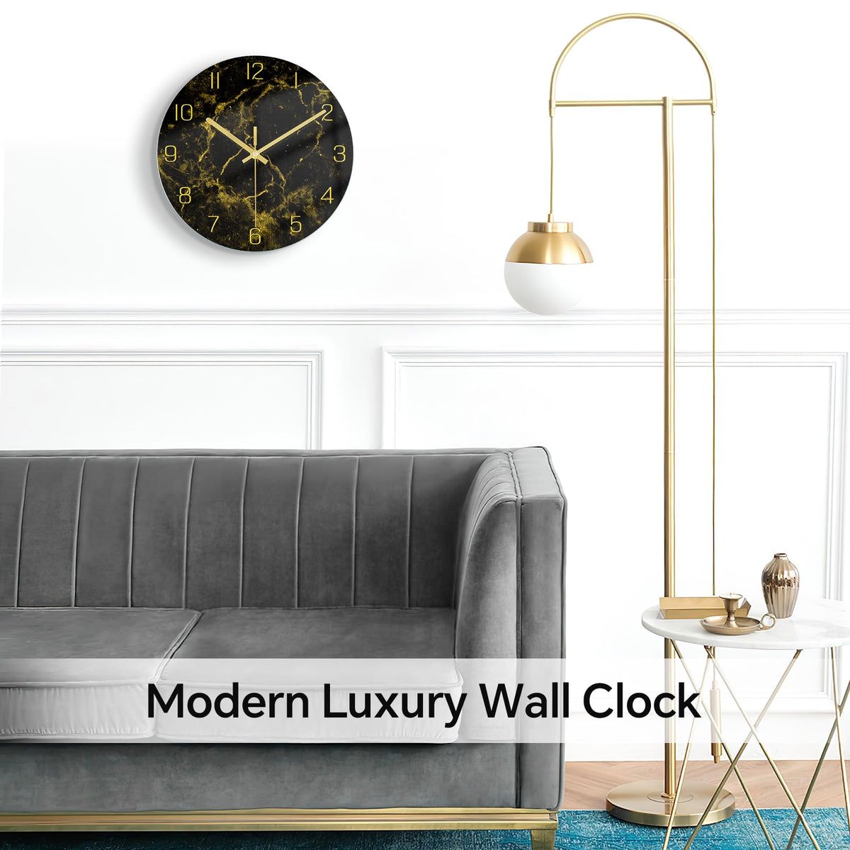 Black Modern Marble Texture Clock Gold Hands Rustic Kitchen Decor 12 Inch Wall Clock
