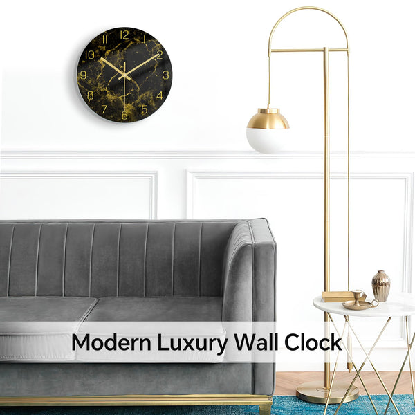 Black Modern Marble Texture Clock Gold Hands Rustic Kitchen Decor 12 Inch Wall Clock