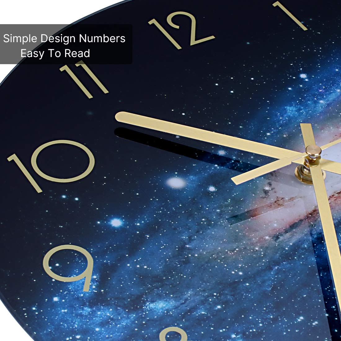 Black Wall Clock 12 Inch Silent Non-Ticking Quartz Battery Operated Glass Night Sky Pattern