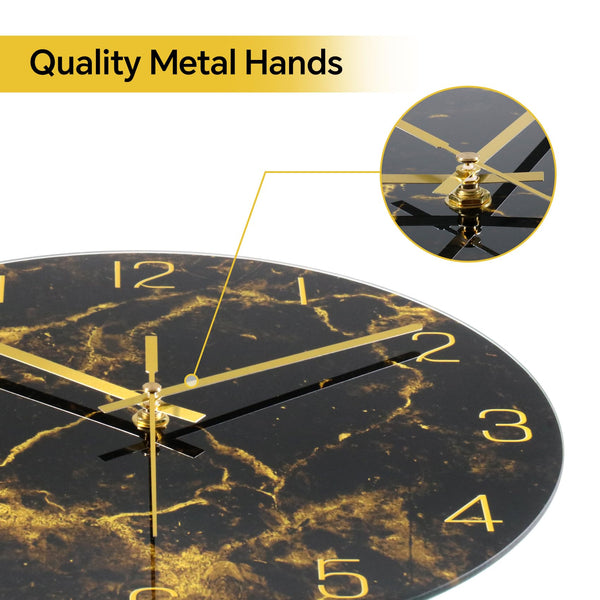 Black Modern Marble Texture Clock Gold Hands Rustic Kitchen Decor 12 Inch Wall Clock