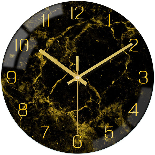 Black Modern Marble Texture Clock Gold Hands Rustic Kitchen Decor 12 Inch Wall Clock