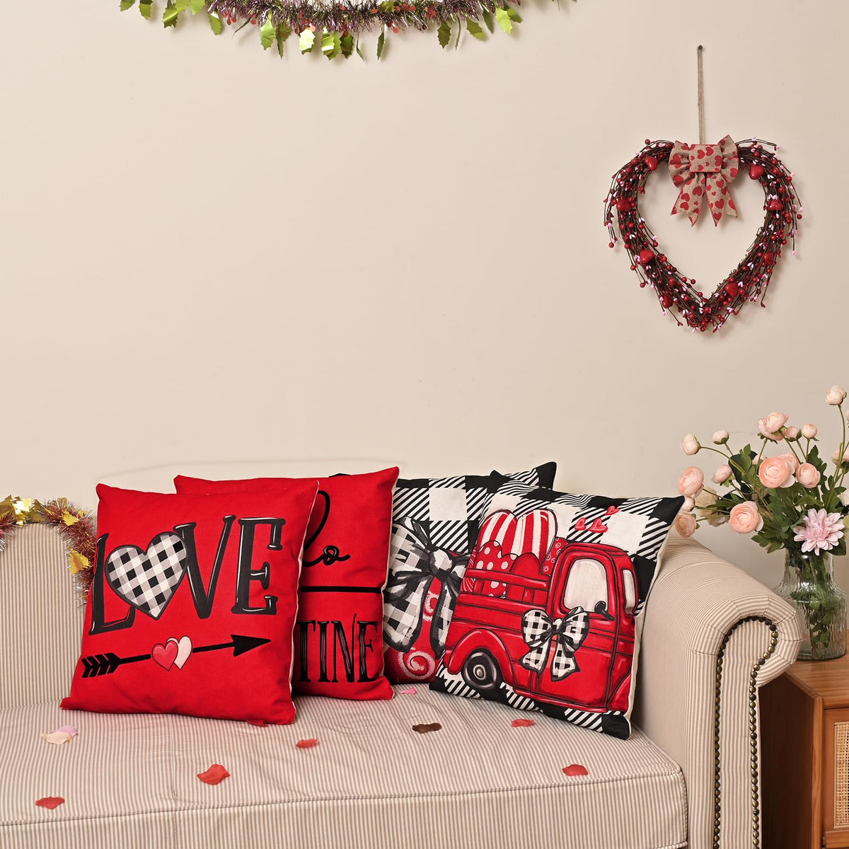 Valentines Day Decorations-Throw Pillow Covers 18x18 in set of 4, Red Buffalo Plaid Heart Love Truck