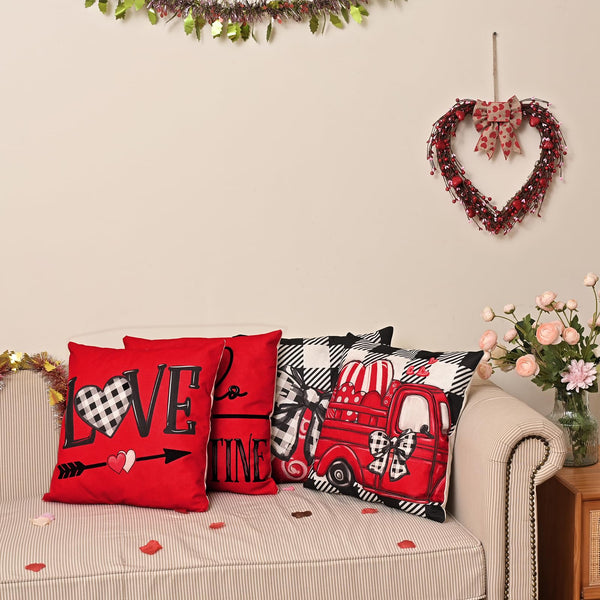 Valentines Day Decorations-Throw Pillow Covers 18x18 in set of 4, Red Buffalo Plaid Heart Love Truck