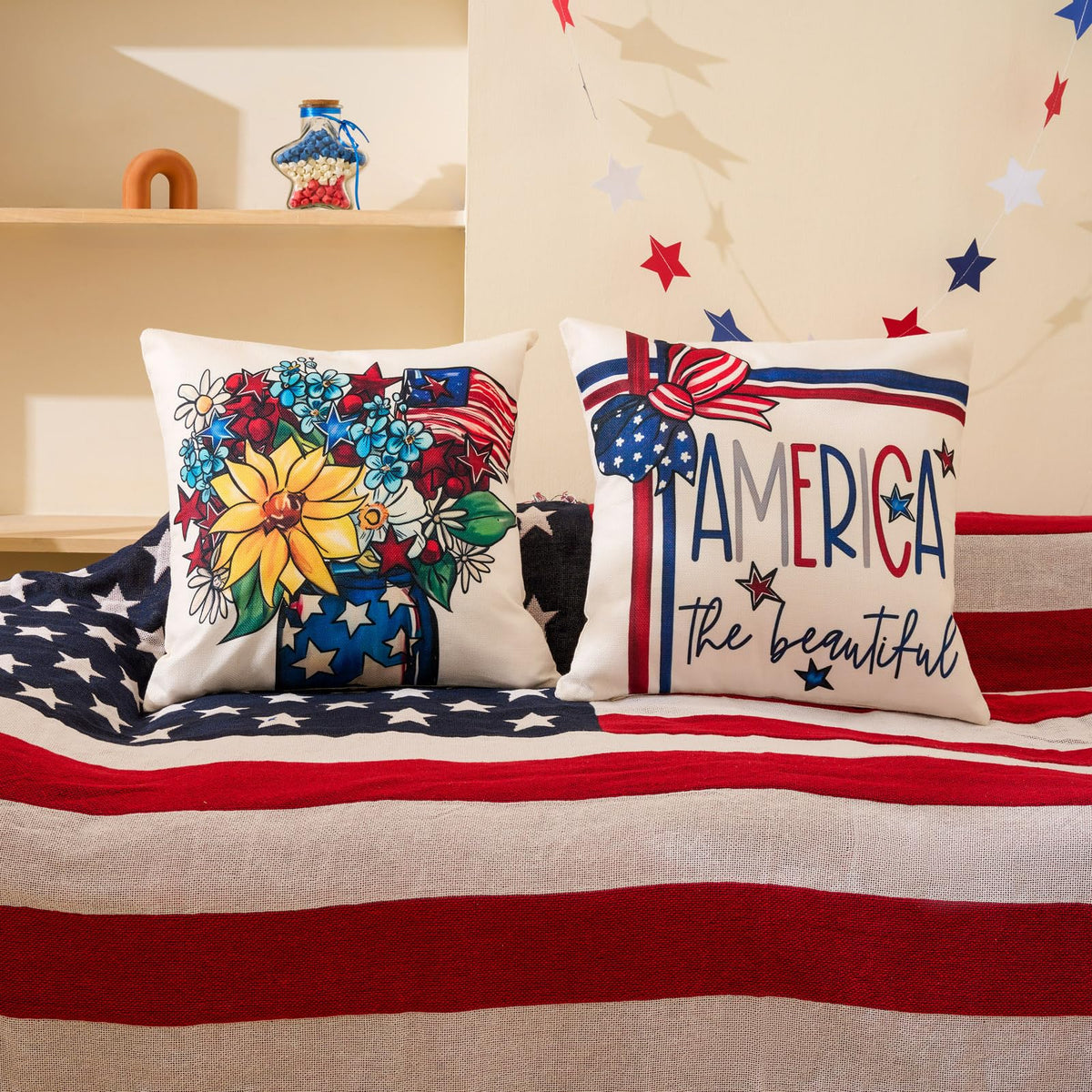 4th of July Decor-Throw Pillow Covers 18x18in Set of 4,Patriotic Linen Pillow Case for Independence Day