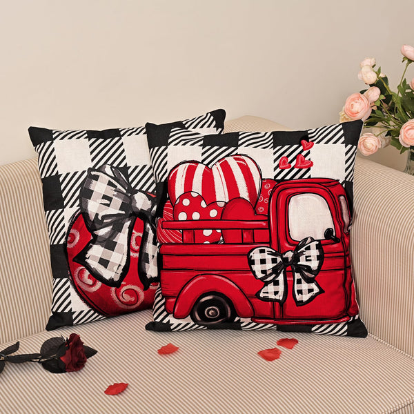 Valentines Day Decorations-Throw Pillow Covers 18x18 in set of 4, Red Buffalo Plaid Heart Love Truck