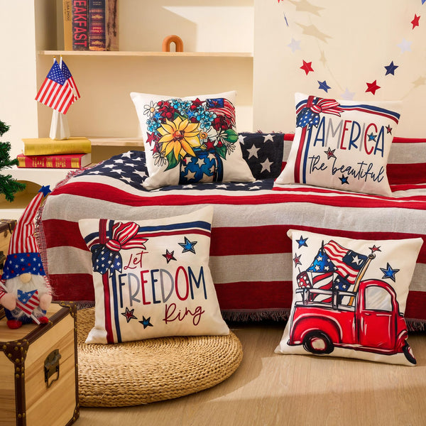 4th of July Decor-Throw Pillow Covers 18x18in Set of 4,Patriotic Linen Pillow Case for Independence Day